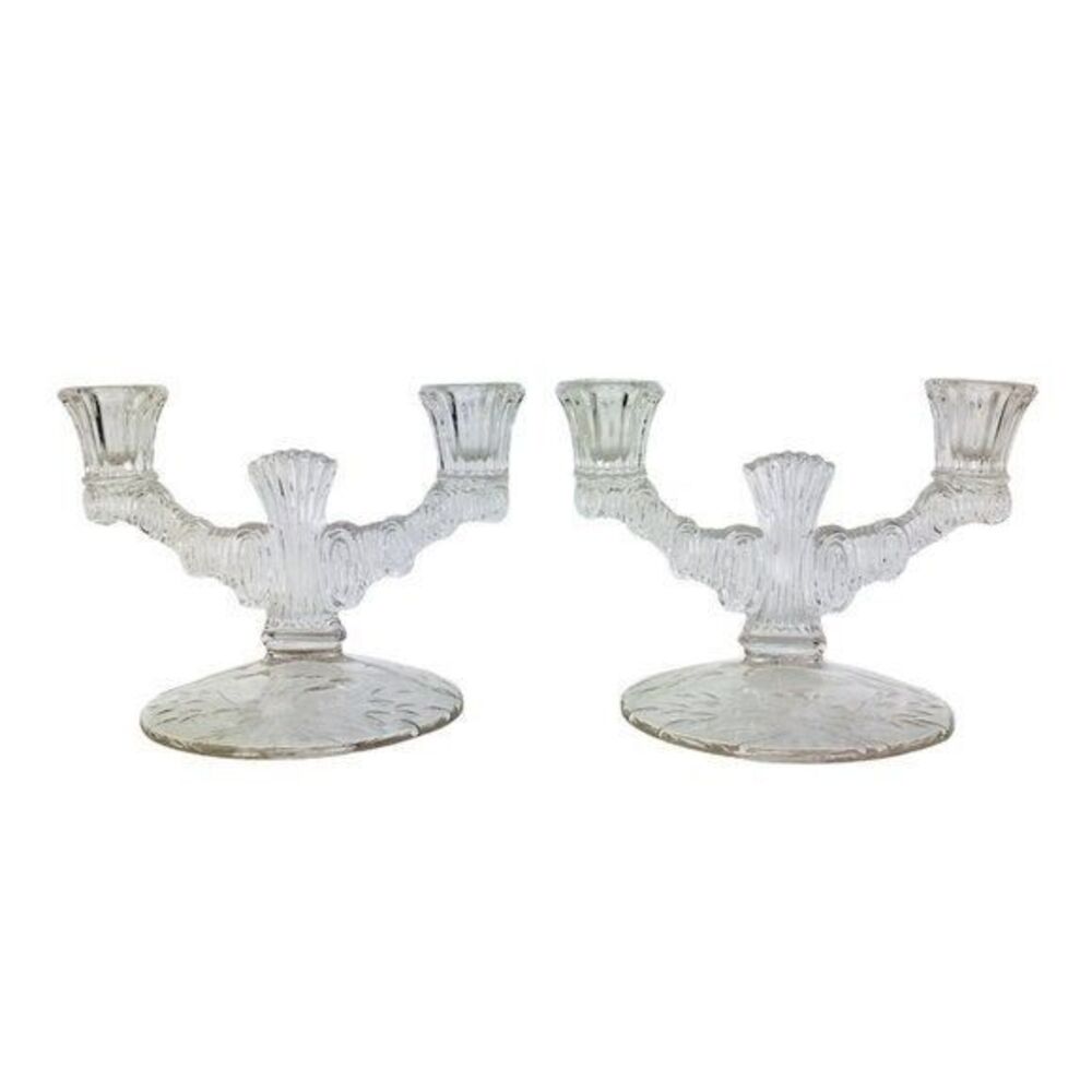Vintage 1920s Art Deco Etched Glass Double Arm Candelabra Candle Holder Pair